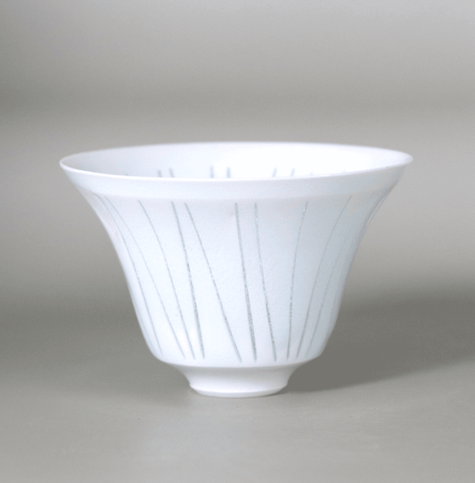 Blue and white porcelain katana sake cup by Kotaro Ikura