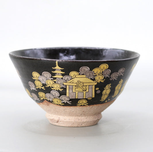 Iron-glazed gold-painted Nara-e tea bowl by Rakusai Onishi