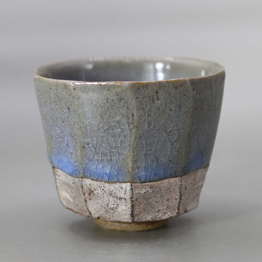 Sake cup with moon-white glaze and silver glaze by Matsubayashi Hosai
