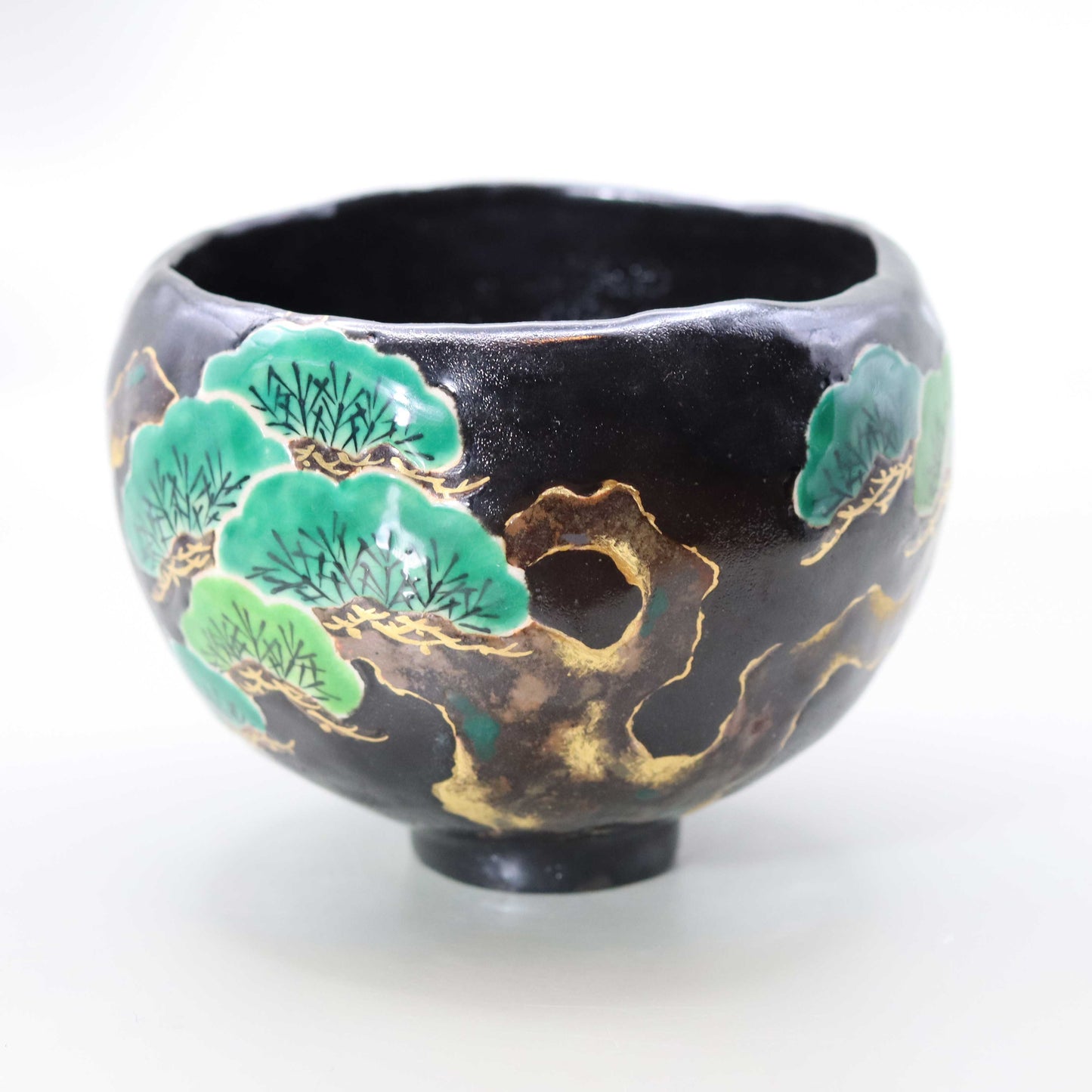 12 Black glaze hand-formed pine tree tea bowl by Kosai Miyagawa