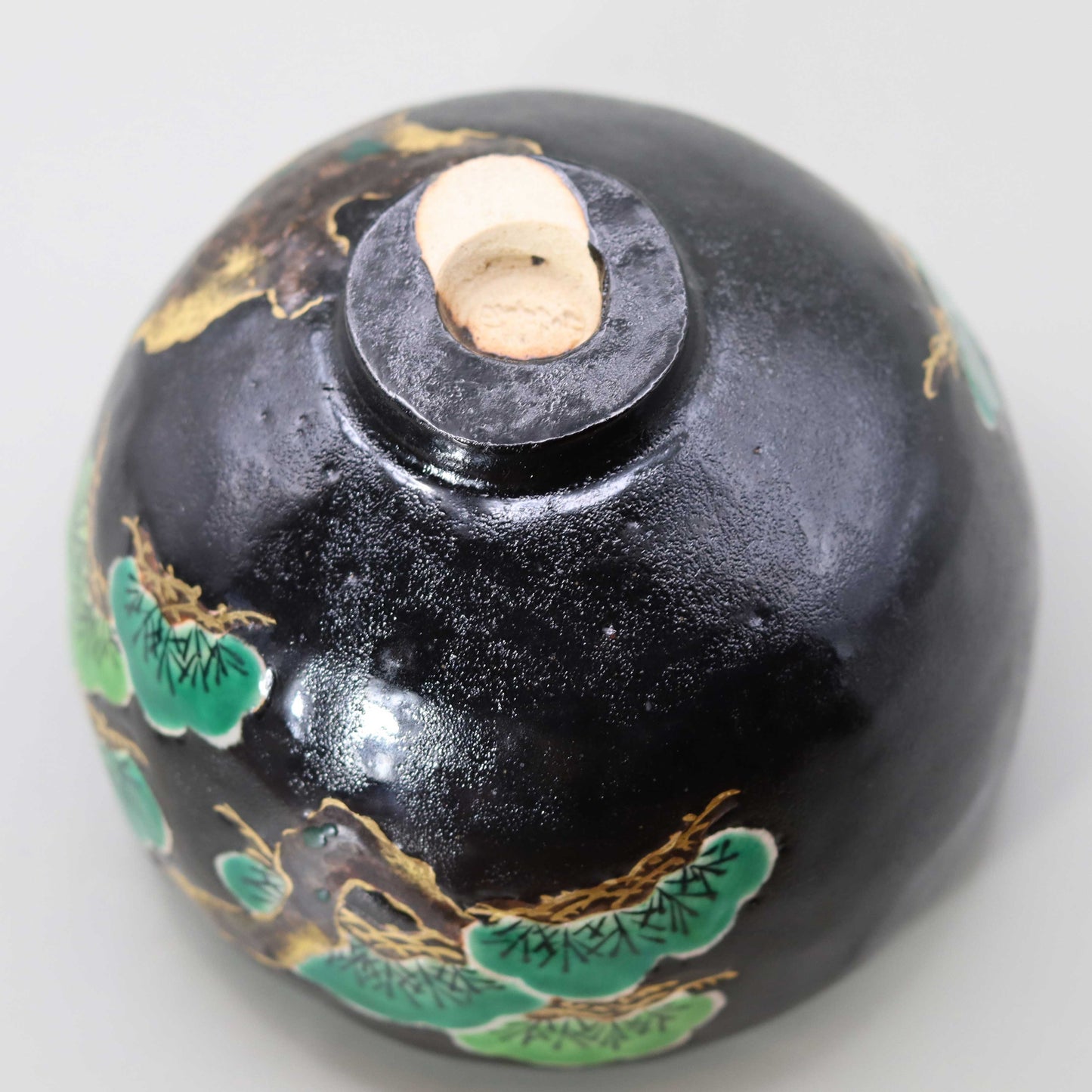 12 Black glaze hand-formed pine tree tea bowl by Kosai Miyagawa