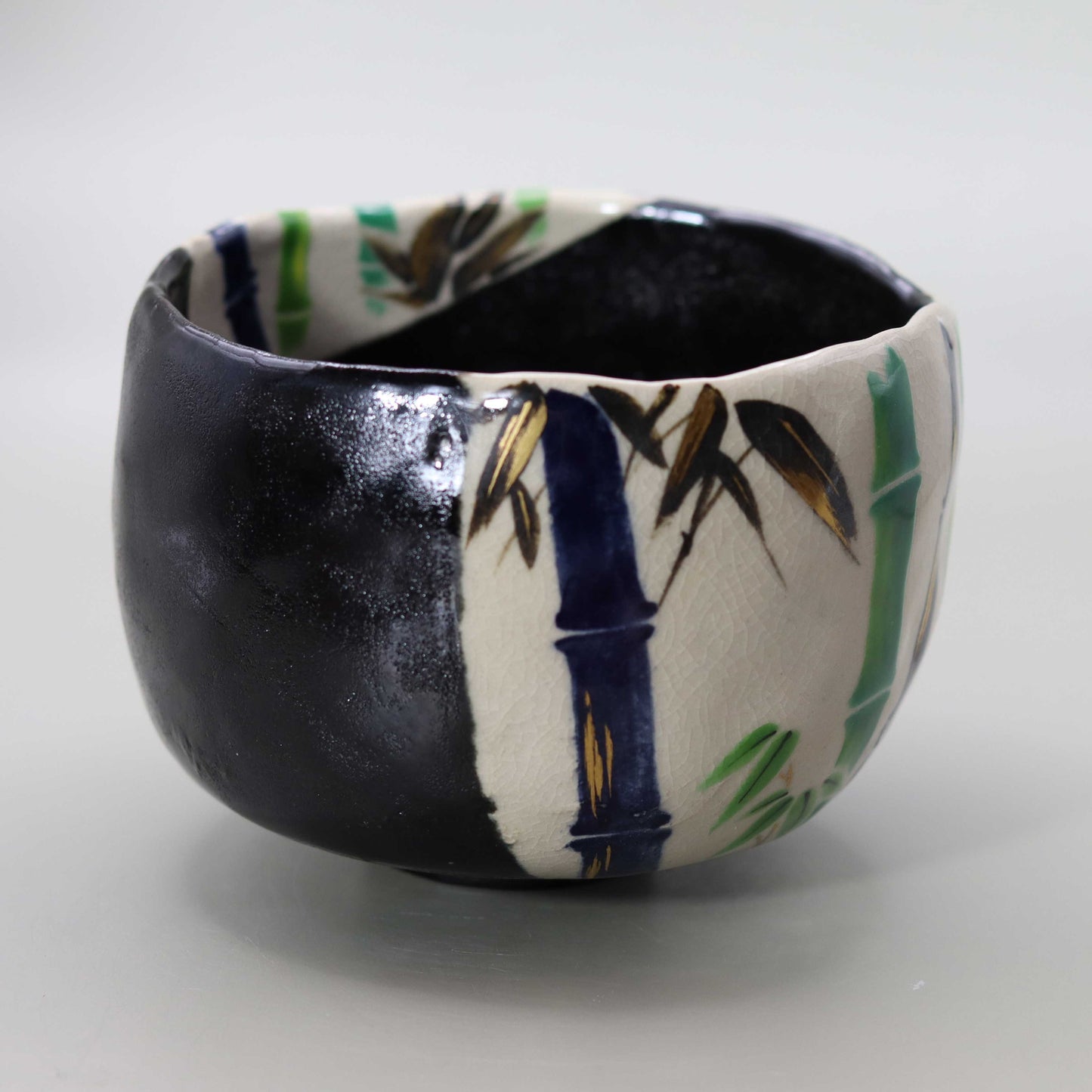 11 Black glaze hand-formed bamboo tea bowl by Kosai Miyagawa