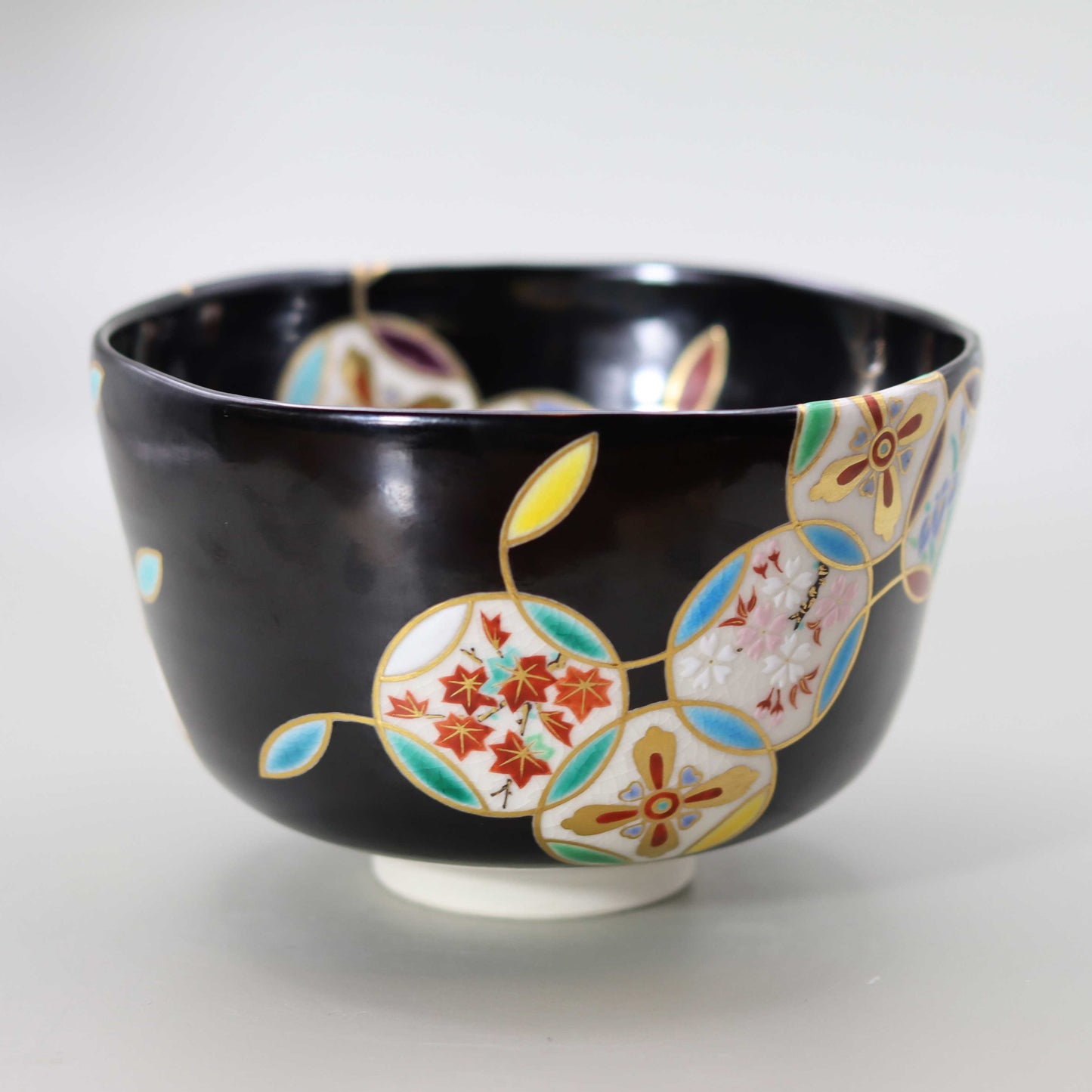 3 Black glaze round pattern flower cloisonné tea bowl by Miyagawa Kosai