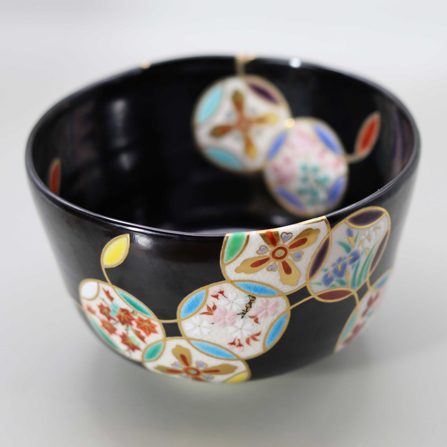 3 Black glaze round pattern flower cloisonné tea bowl by Miyagawa Kosai