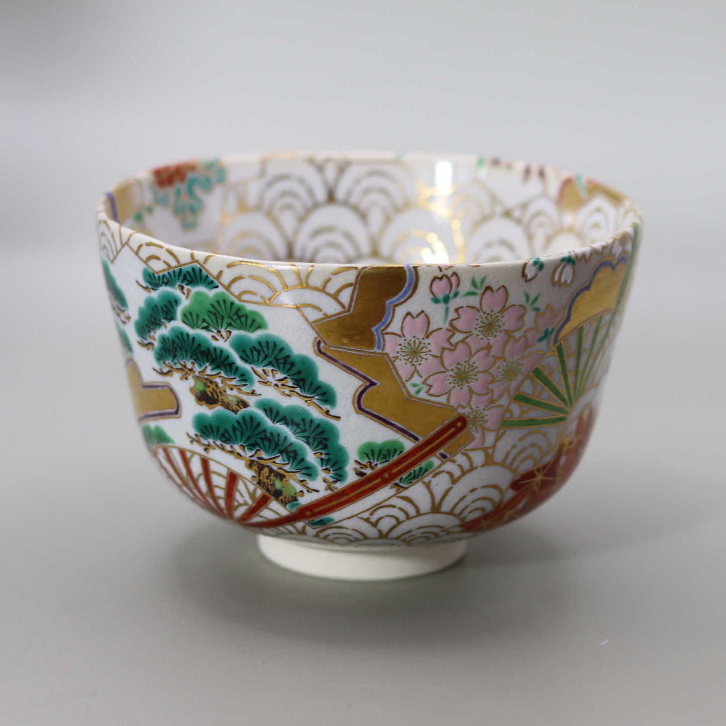 5 Straw ash glaze seasonal flowers fan surface scattered Seigaiha tea bowl by Kosai Miyagawa