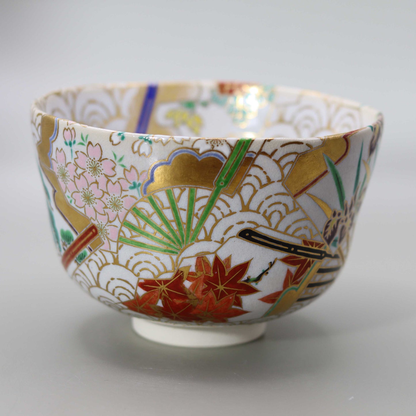 5 Straw ash glaze seasonal flowers fan surface scattered Seigaiha tea bowl by Kosai Miyagawa