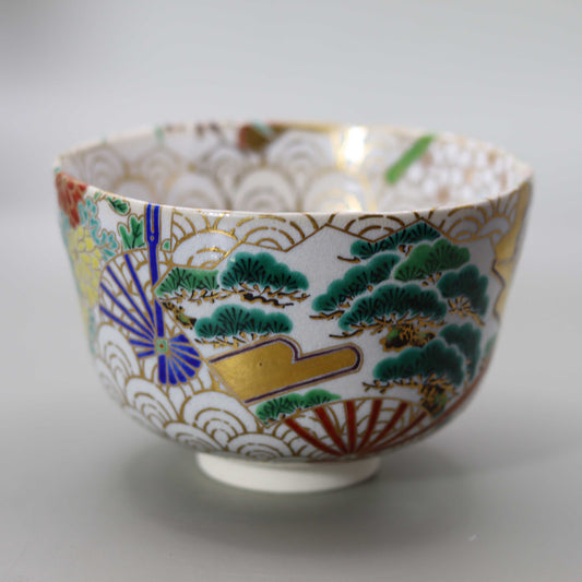 5 Straw ash glaze seasonal flowers fan surface scattered Seigaiha tea bowl by Kosai Miyagawa