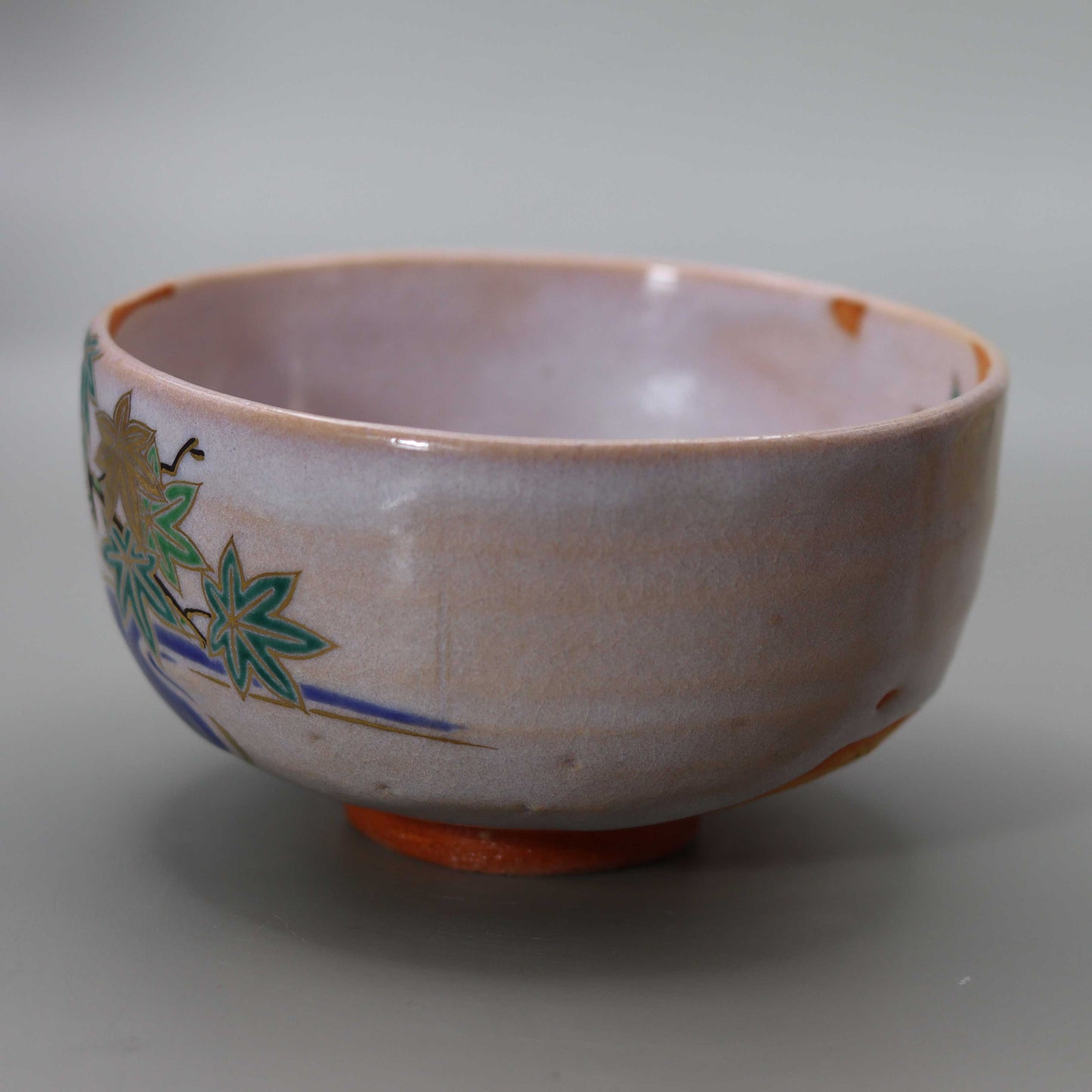 6 Shigaraki clay straw ash glaze blue maple with running water tea bowl