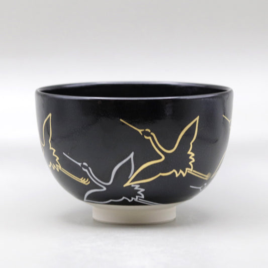Tea bowl black glaze gold white crane Dohachi Takahashi