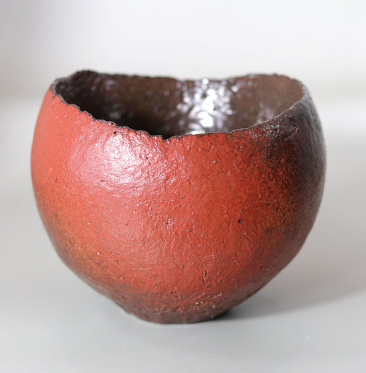 Tanba Red Concave Tea Bowl by Nishihata Tadashi