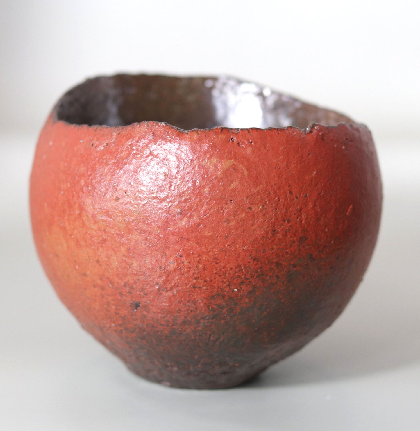 Tanba Red Concave Tea Bowl by Nishihata Tadashi